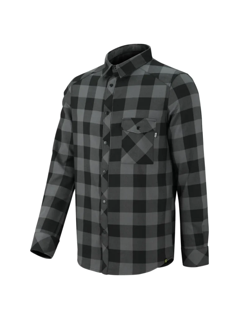 Мужская велорубашка IXS Carve Digger Graphite Black — рубашка в серо-чёрную клетку, студийный фронтальный ракурс