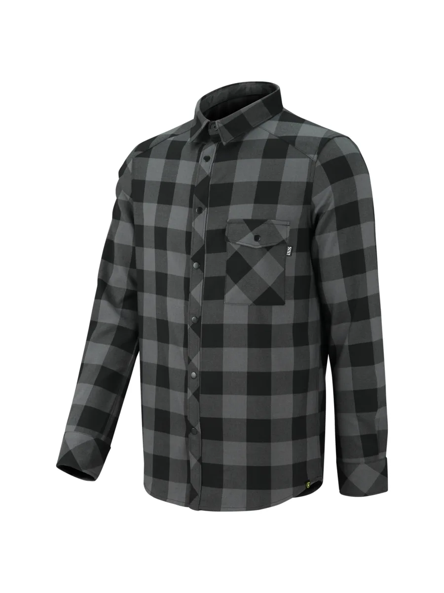 Мужская велорубашка IXS Carve Digger Graphite Black — Вид спереди Мужская велорубашка IXS Carve Digger Graphite Black — рубашка в серо-чёрную клетку, студийный фронтальный ракурс